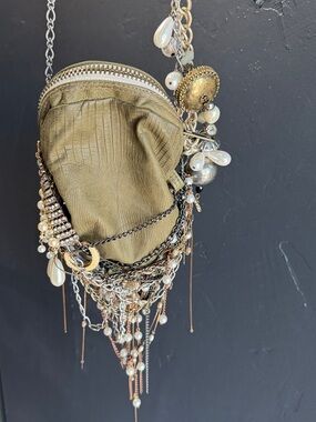 Olive Green Mini HandBag with Mixed Chain & Pearl Charms